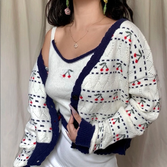 SHEIN Tops - Cherry pattern drop shoulder cardigan & cami knit Top